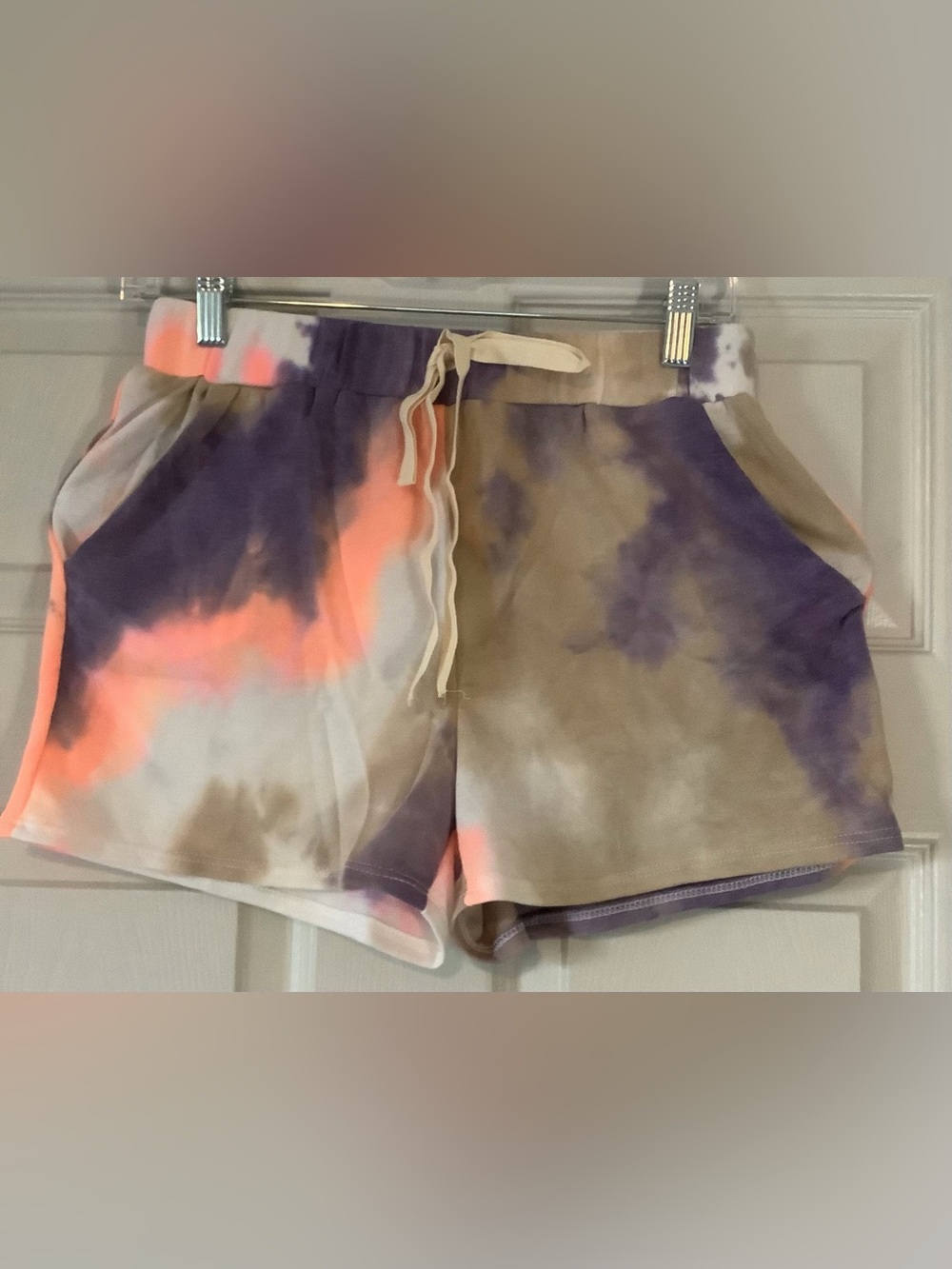 BiBi Tie-Dye Drawstring Athletic Shorts in Purple, Coral & Cream